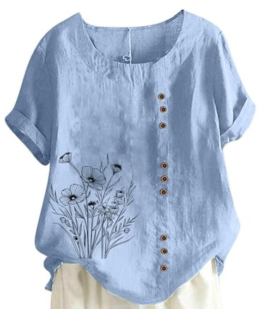 Linen T Shirt for Women UK Plus Size Elegant Cotton Rolled Short Sleeve Floral Shirts Dandelion Graphic T-Shirt Casual Summer Tee Lagenlook Tunic Tops Ladies Blouses Sale Clearance