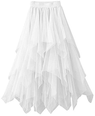 Dam maxikjol lång chiffong meshkjol festlig omlottkjol balettkjol hög midja midikjol en linje kjol elegant damkjol lätt sommarkjol ledig strandkjol tunn veckad kjol, Vit, M