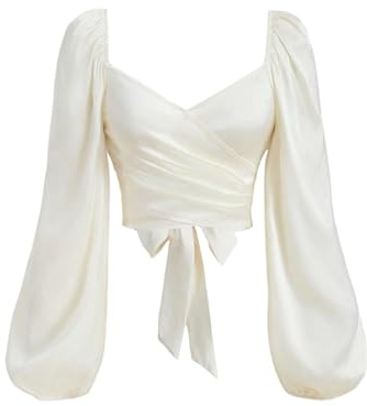 SOLY HUX Women's Lantern Long Sleeve Wrap Ruched Bow Tie Blouse Sweetheart Neck Satin Going Out Crop Tops Plain White Medium