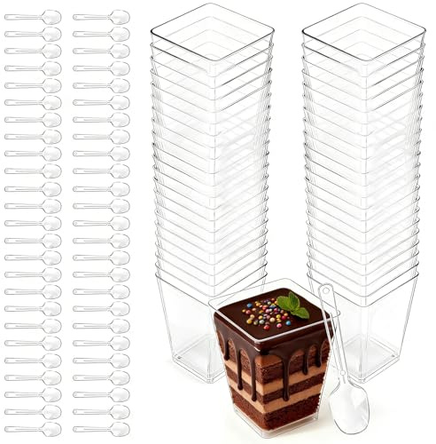 VFANDV 50 Stück DessertgläSer Komplett mit LöFfeln, 150–160ml DessertgläSer Plastik Dessertschalen Wiederverwendbar Geeignet für Pudding, Mousse, Eiscreme, Dessertpartysund äHnliche AnläSse