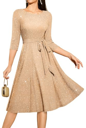DRESSTELLS Cocktail Dresses for Women, Wedding Guest 3/4 Sleeve Sparkly Holiday Prom Party Dress, Sequin Aline Modest Mother of Bride Midi Dress Glitter Champagne XL