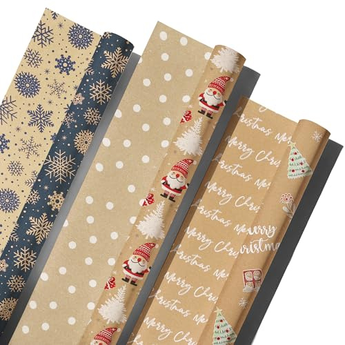 Neloheac Navidad Papel de Regalo Kraft, 3 Rollos, 43 cm x 3 m por Rollo, Copo de nieve/Puntos/Texto, para Navidad, Cumpleaños, Infantil