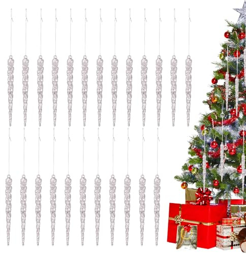 Ornamentos de carámbano acrílico: 24 caídas de Transparentes para árboles de Navidad o exhibición de Vacaciones, decoración Colgante para la Fiesta de Invierno de la Boda | Acento estacional b