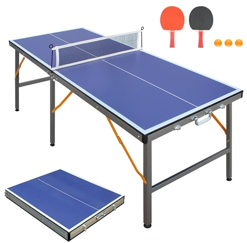 5FT Folding Table Tennis Table, Indoor/Outdoor Blue, with Net & 2 Bats