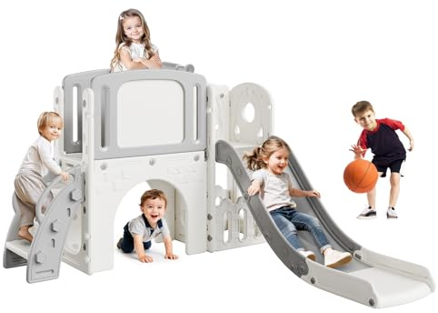 ZoomBuggy Tobogán infantil 8 en 1 para interiores y exteriores, con estructura de escalada, canasta de baloncesto, telescópica, túnel y espacio de almacenamiento, tobogán extralargo, seguro y estable
