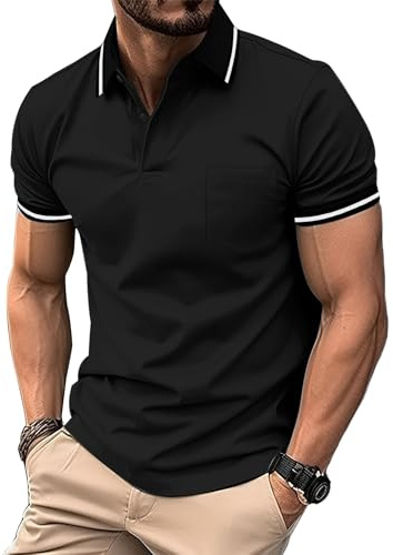 ZITY Polo Homme Manches Courtes Respirant T Shirt Eté Polo Golf Homme Respirant Tee Shirt Séchage Rapide Tshirt Tennis Noir XL