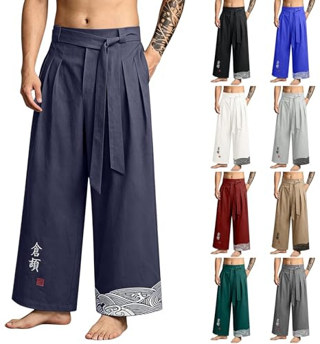Pantalon de Kimono Japonais Homme Traditionnel Pantalon Taro pour Hommes en Lin Vêtements Traditionnels Japonais avec Cordon de Serrage