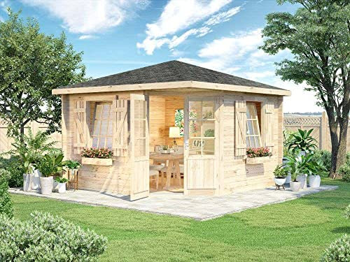 Alpholz 5-Eck Gartenhaus Monica Royal aus Massiv-Holz, Blockbohlenhaus mit 40 mm Wandstärke, Holzhaus mit Imprägnierung (pinie) | Garten Laube 350 x 350 cm | Spitzdach