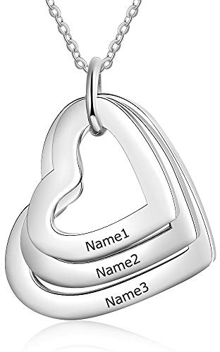 kaululu Halskette Damen Personalisiertes Kette mit Namen Namenskette mit Herz Edelstahl Silber 925 Anhänger für Mama Frauen Muttertagsgeschenk Personalisierter Schmuck (Silber-3 Name)