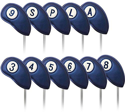 Couvre Club De Golf Fer Capuchon Protege Housse Protection Fermeture Magnétique Aimant 2 Sides pour Gaucher Droitier Golfeur Value 11 Pcs, Golf Covers Cuir synthétique pour Homme Femme (11 Pcs-Navy)