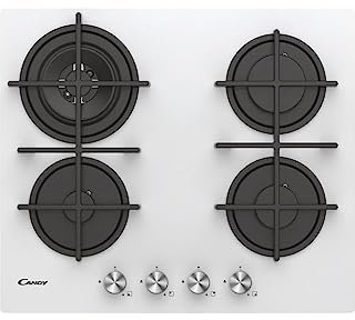 Candy CVG6BR4WPW Piano Cottura a Gas in Vetro Temperato da 60 cm, 4 Fuochi, da Incasso, Griglie in Ghisa, Bruciatore Wok, Valvola di Sicurezza, GPL e Metano, 60x51x95 cm, Bianco