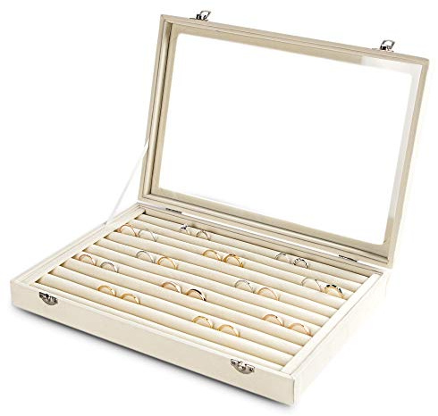 Frebeauty Anelli/Orecchini Organizzatore Vassoio con Coperchio 10 Slots Cassetto di Velluto Inserto Gioielli Scatola di Immagazzinaggio con di Vetro Trasparente Regalo per Ragazze(Beige, 10 Slots)