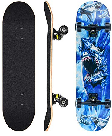 Complete Skateboard, 78.7 x 20.3 cm Board, with ABEC-11 Bearings, 8 Layers of Maple, with Polyurethane (PU) Flashing Wheels, Suitable for Children, Teenagers and Adults (blau-Shark)