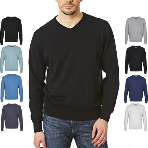 Castle Point CSPKNT004 Pull tricoté en coton doux au toucher pour hommes, Noir - Col V, XXL