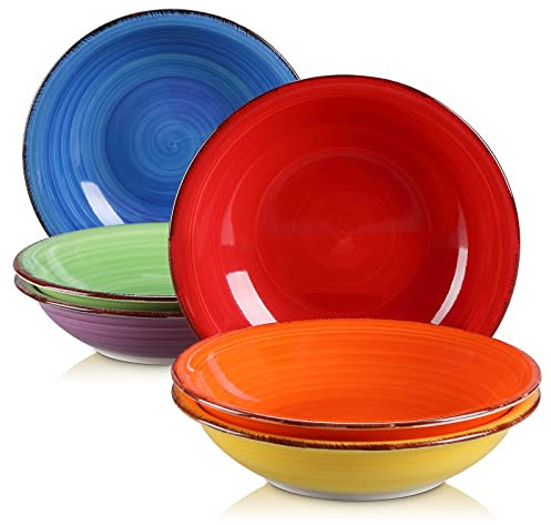 vancasso Plato de Sopa serie Bonita Platos Hondos de 6 piezas 750ml Vajilla Vintage de Cerámica Borde de Marrón Bobinas pintadas a mano Esmalte de Color de doble cara- 6 Colores