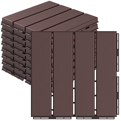 Goovilla Plastic Interlocking Deck Tiles, 9 Pack Balcony Flooring, 12x12 Waterproof Outdoor Flooring All Weather Use, Patio Floor Decking Tiles for Porch Poolside Backyard Concrete, Dark Brown