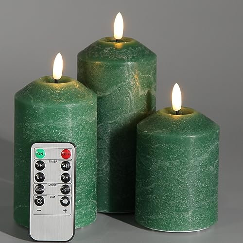 Eywamage Green Flameless Pillar Candles with Remote, Battery Operated LED Wax Candles Set of 3