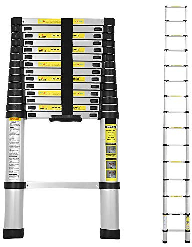 Jopassy Hopfällbar teleskopstege i aluminium, 4,4 meter utdragbar stege, halkfri aluminiumstege, trappstege, multifunktionsstege, utdragbar aluminiumteleskopstege med 150 kg lastkapacitet
