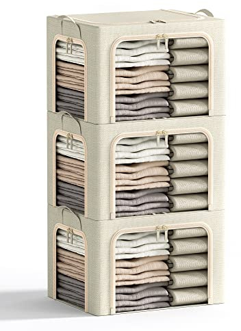 3 Openings Clothes Storage Bins with Metal Frame, Foldable Storage Bin for Clothes, Clothing Storage Bins with Lid, Linen Storage Box With Clear Window＆ Zippers＆ Durable Handles.(3 Pcs,Beige,40L)