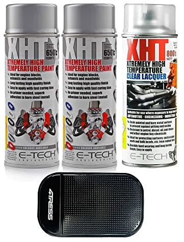 4TRESS E TECH 2 x 400ml Extremely High Temperature Silver Spray Paint Brake Caliper Engine Block 650°C, 1 x Extremely High Temperature Cleat Coat Lacquer Spray Paint with Non Slip Car Dash Mat