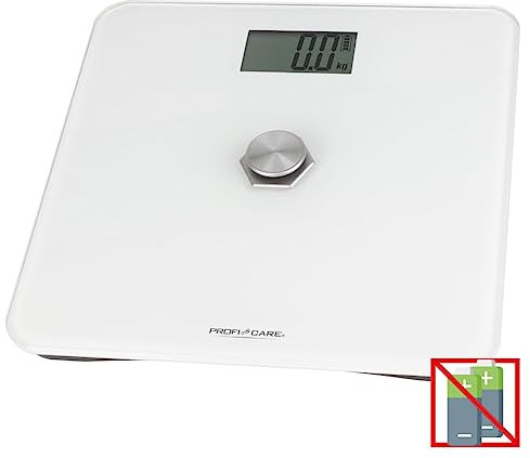 ProfiCare® Personenwaage ohne Batterie | Waage mit Messbereich von 5kg – 180 kg & großem LCD-Display | Personenwaage digital mit kinetischer Energie & Glasoberfläche | PC-PW 3112 weiß