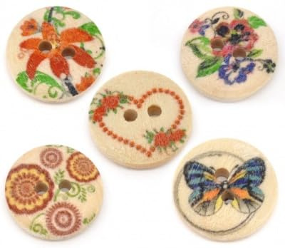 Pack of 25 Wooden Sewing Buttons Scrapbooking Round Multicoloured 2 Holes Mixed Pattern 15mm