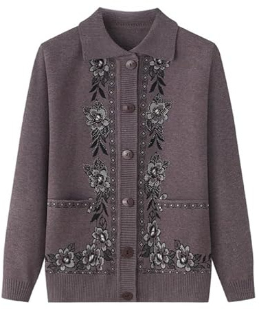KIJSKKOPO Cardigan Femme,Pulls Cardigan Tricotés pour Personnes Âgées, Revers Vert Foncé Manches Longues Fleur Jacquard Forage À Chaud Manteau en Tricot avec Poche Vieille Dame Grand Mère Haut