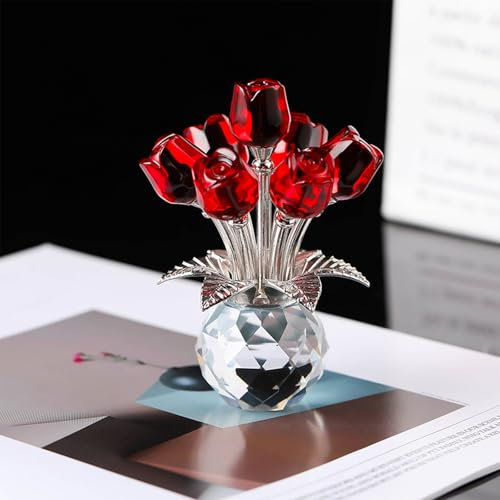 Tanant Red Crystal Rose Bouquet Figurine with Vase, Rose Flower Gifts for Mom Women,Glass Flower on Valentine's Anniversary Christmas, Collectible Ornament Home Table Wedding Decor