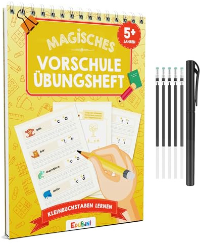 Quaderni magici per esercizi prescolari, a partire dai 5 anni, per ragazzi e ragazze – [4 tasche + penna] – Quaderno di scrittura riutilizzabile per scuola materna – imparare a scrivere (imparare le