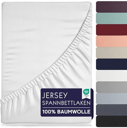 BRB Home Spannbettlaken 90x200cm - Spannbetttuch für Dicke Matratzen bis zu 27 cm 100% Baumwolle Oeko-TEX Zertifiziert Bettlaken Jersey Bettware Bettbezug für Boxspringbett (Weiss - 90x200)