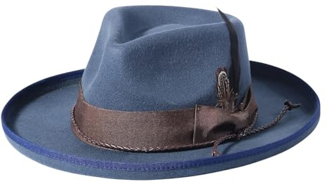 Handmade Wool Fedora Hat for Men Luxury Wide Brim Trilby Hat for Men Vintage Style Cone Crown Hats for Men UK Autumn Winter Adjustable with Belt Feather (58-60cm) Blue