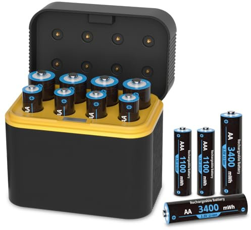Pilas AA recargables y cargador, batería de alta capacidad de carga rápida de 3400 mWh pilas de litio AAA de 1,5 V para cámara Blink, cerradura inteligente, mando y mando a distancia.