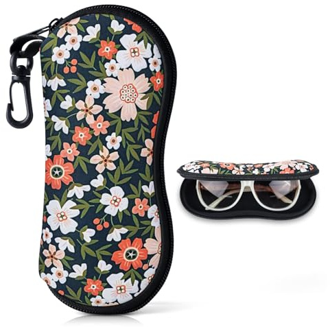 Etui Lunettes Étui a Lunette Souple en Néoprène pour Femmes&Enfant&Fille Portelunettes de Protection Rangement Lunettes de Soleil avec Fermeture Eclair étui à Lunettes avec Mousqueton (Fleurs)