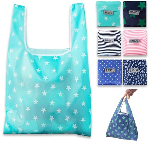 6 bolsas de la compra plegables reutilizables, ligeras de poliéster de 27 g, asas resistentes, compactas y ecológicas, para compras, viajes y picnics (48 x 32 x 5 cm)