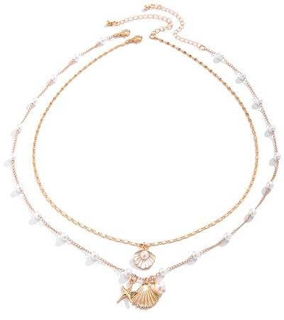 BHSTTNIXP 2 PCS Shell Necklaces,Adjustable Multi-Layer Pearls Seashell Necklace,Shiny Beach Jewelry for Women Girls Birthday Wedding Party Engagement Summer Decoration
