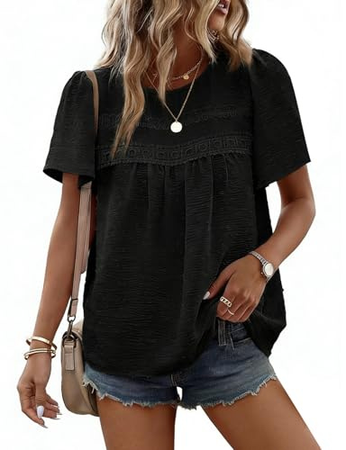 CMTOP Camisa Mujer Verano Boho Blusa Elegantes Cuello Redondo Manga Corta Encaje Casual Ropa Túnica Tops Casual Suelta T Shirts