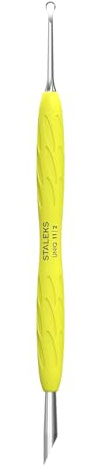 Staleks UNIQ PQ-11/2Y poussoir cuticules double professionnel manche silicone jaune – outil manucure pédicure acier inoxydable stérilisable (anneau + poussoir oblique)