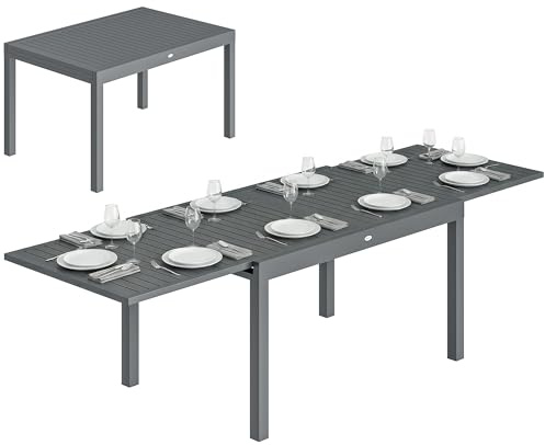 Outsunny Mesa de Jardín Extensible 135/270x90 cm, Mesa de Comedor Exterior Extensible Rectangular de Aluminio, con Superficie de Lamas para 6-10 Personas, para Patio, Terraza, Gris Oscuro