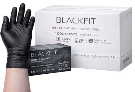 gef + medica - 1000 Guanti in Nitrile Neri M BLACKFIT Senza Polvere, Guanti Monouso Ambidestri, AQL 1.5, DPI III Cat, Uso Professionale Alimentare Officina