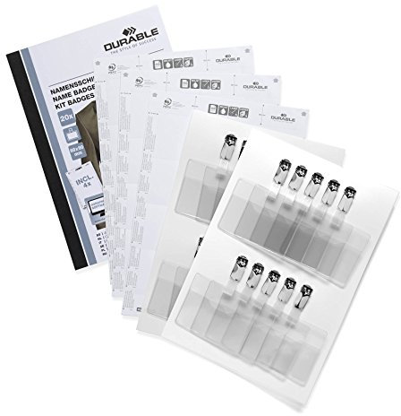 Durable Namensschilder Set, 60 x 90 mm mit Clip, inklusiv 20 Namensschilder und 4 Beschriftungsbögen, 869500
