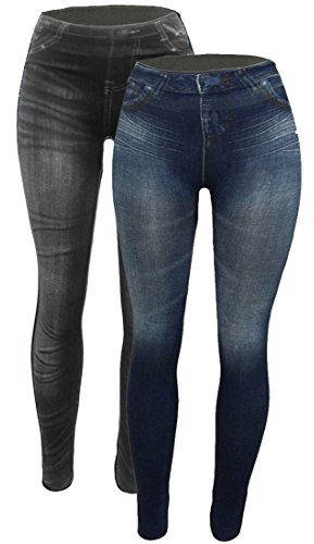 CLOYA Women's Denim Print Fake Jeans Seamless Full Length Fleece Lined Leggings (Small - Medium, Blue & Black Bundle)