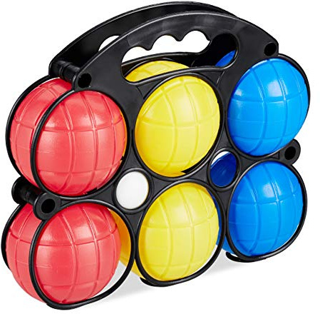 Relaxdays 3 x Boccia Spiel à 6 Kugeln, 18 Colores, plástico, con 3 Bolas de Objetivo y Cesta de Transporte, Juego de Petanca para niños, Multicolor, 100%, Rojo, Amarillo, Azul, 3 Unidades