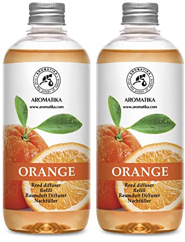 Raumduft Nachfüllflasche Orange 2x500ml - Nachfüller mit Ätherischen Orangenöl - Nachfüllflasche - Aromatherapie Duftdiffuser - Raumbeduftung - Lufterfrischer - Orangenduft - Reed Diffuser