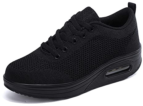 Women's Lightweight Sneakers,Trainers Ladies Casual Comfortable Walking Shoes Platform Wedges Breathable Running Shoes,FullBlack-911,7 UK