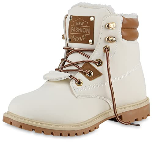 VAN HILL Damen Gefütterte Worker Boots Stiefeletten Blockabsatz Schuhe Bequeme Outdoor Kunstfell Booties Profilsohle Schnürer 208989 Weiss Hellbraun 36