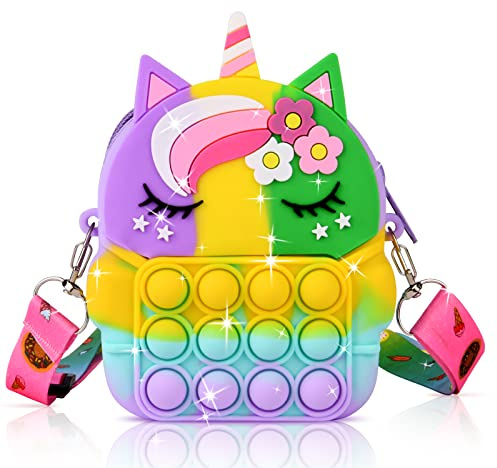 Ainiv Poppet pop it-väska, 2 i 1, fidgetväska med enhörningsform, tryckleksak, väska med axelrem i silikon, present till barn mellan 5 och 8 år (macaron)