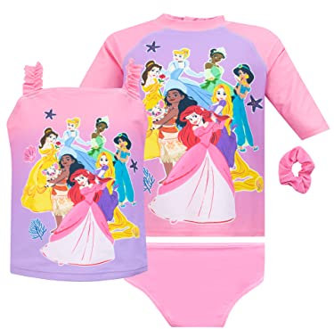 Disney Prinzessinnen Badeanzug Mädchen | Ariel Rapunzel Tiana Badeanzüge | 4 Stück Schwimmanzug Set Rosa 128
