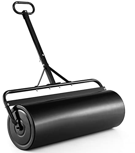 TANGZON 63L/113L Garden Lawn Roller, Water Sand Filled Outdoor Grass Roller with Removable Drain Plug & Scraper Bar, Heavy Duty Metal Lawn Push Rolling Tool, 30/40CM Diameter (99 x 40 x 146cm, Black)