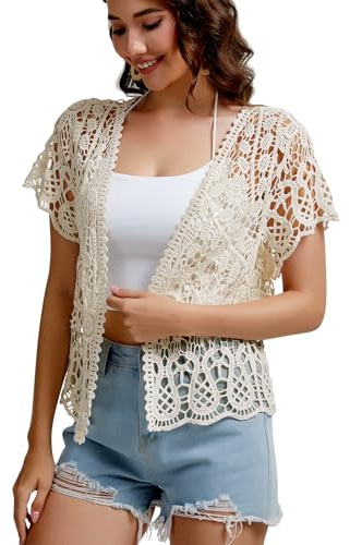 WDFUZHAO Women’s Short Sleeve Lace Shrugs Bolero Cardigan Crochet Sheer Crop Jacket