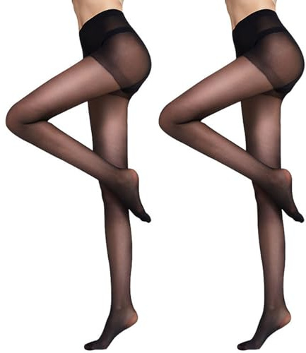 DRESHOW 2 Pairs Women's Sheer High Waist Tights 20D Pantyhose Black with Control Top and Reinforced Toes